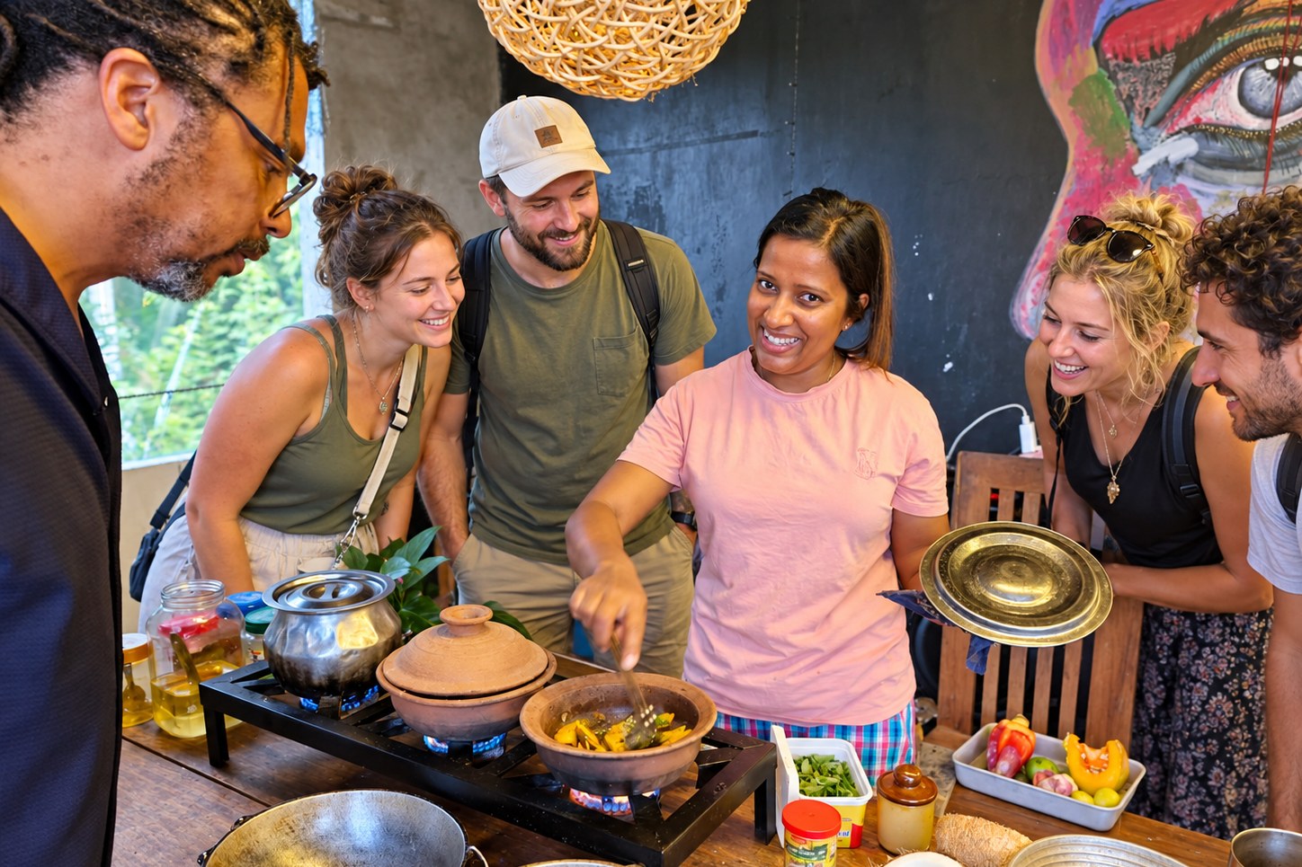 Guest cooking Sri Lankan curry in a pan over a wood fire during a cookery class in Ella