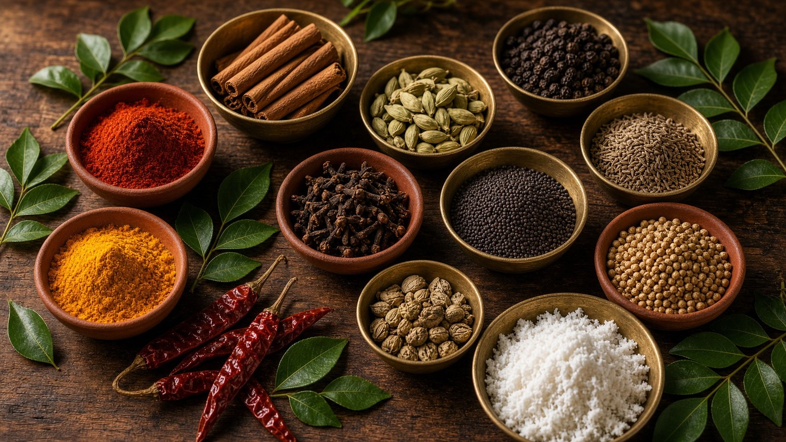 Sri Lankan spices for the Ella cookery class — cinnamon, turmeric, chili, curry leaves and coconut