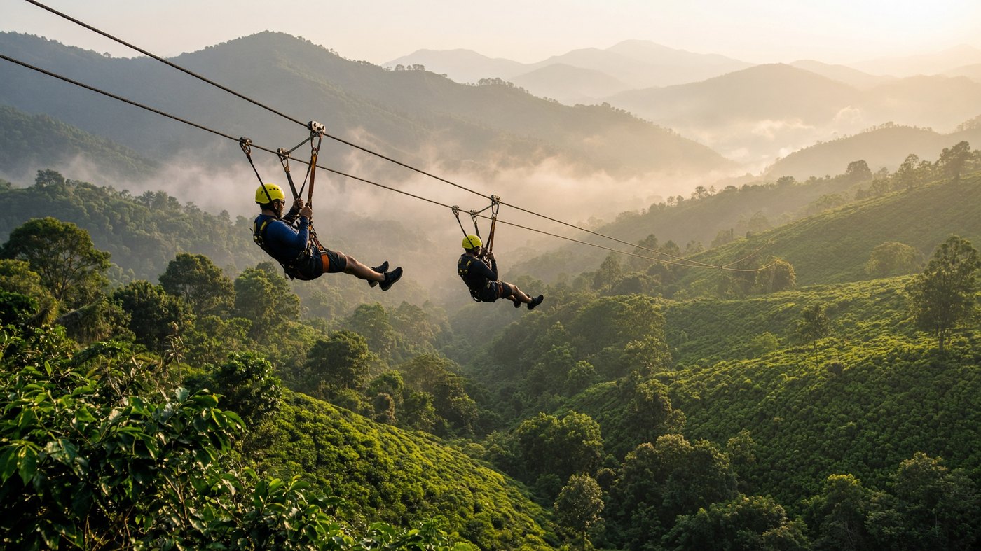 Dual zip line over tea valleys in Ella