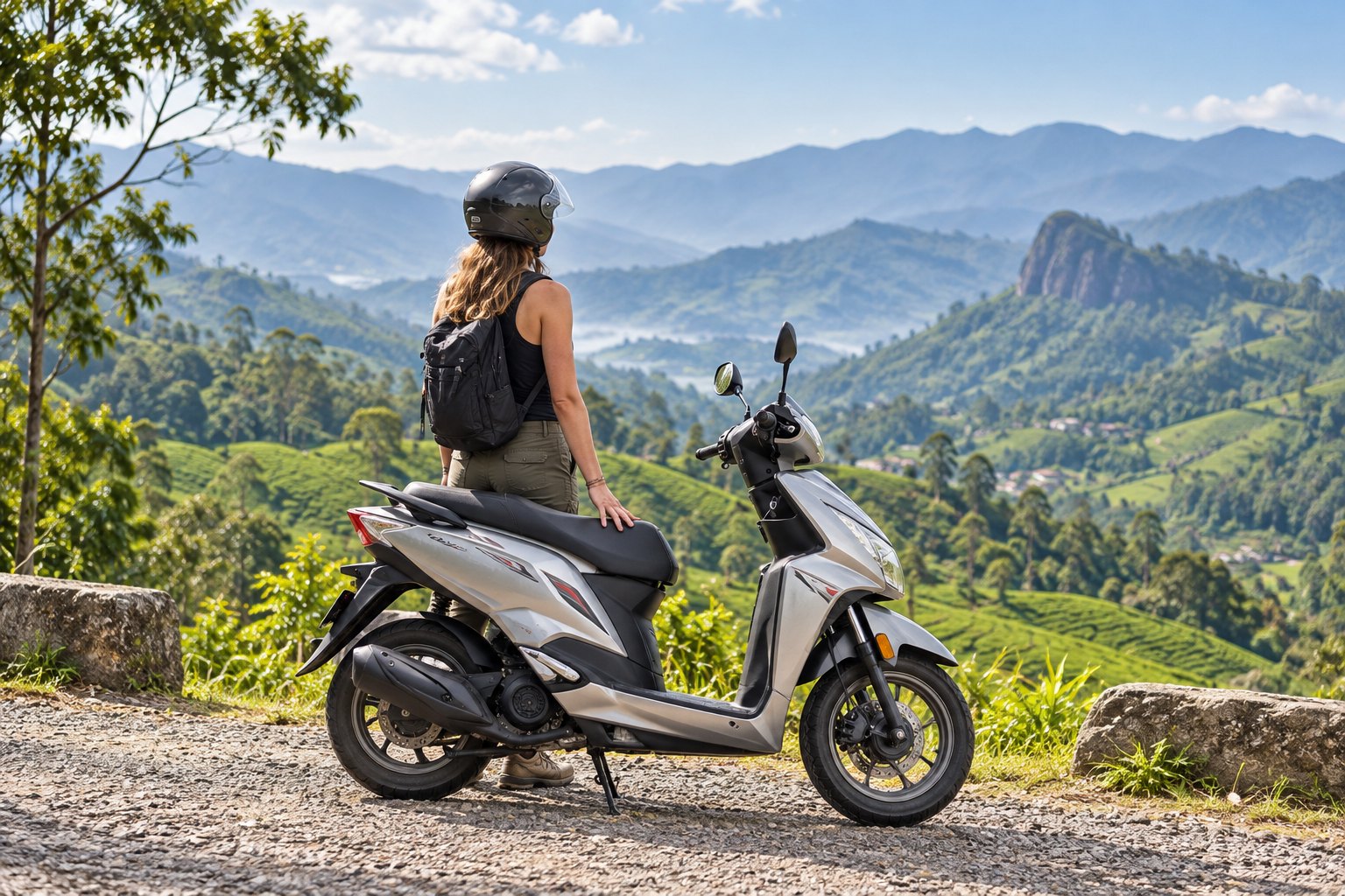 A scooter parked at a mountain viewpoint above Ella, Sri Lanka